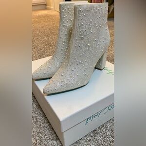 “Cady” Pearl-Embellished White Ankle Boots
